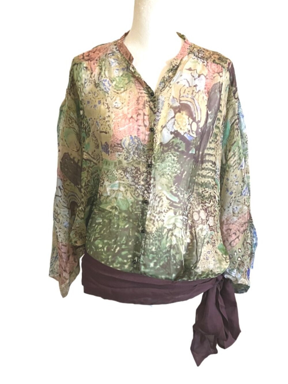 Hoss Intropia Multicolored Semi Sheer 3/4 Sleeve Crew Neck Silk Top Size XS/S